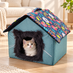 Single Cat House with Furry Cat Face - Mixed Colors - 18x16x18 inches